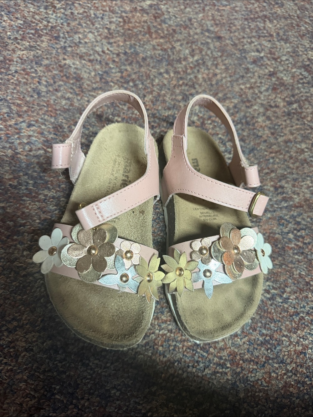 Girls' Pink Floral Leather Sandals with Ankle Strap